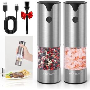 FORLIM Electric Salt and Pepper Grinder Set, USB Rechargeable, Automatic Salt Pepper Mill Grinder with Dust Cover, One-Button Control, Adjustable Coarseness, White LED Light (2 Packs, Black&White) in Kuwait