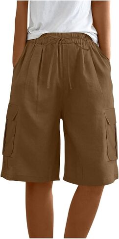 شورتات نسائية فضفاضة ملائمة عالي الخصر بيرمودا السراويل الصلبة عريض الساق بطول الركبة مع جيوب in Kuwait