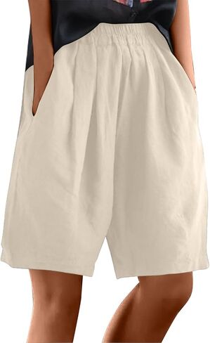 Women's Cotton Linen Shorts Elastic High Waist Bermuda Wide Leg Shorts Summer Casual Lounge Short with Pockets in Saudi Arabia