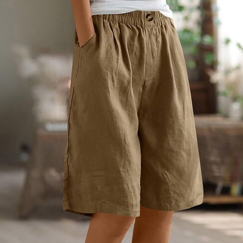 Women's Linen Shorts Casual Bermuda Long Shorts High Waisted Wide Leg Pants with Pockets Comfy Summer Outfits in Saudi Arabia