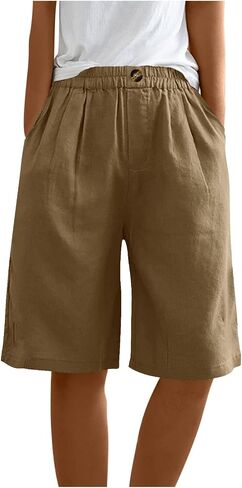 Women's Linen Shorts Casual Bermuda Long Shorts High Waisted Wide Leg Pants with Pockets Comfy Summer Outfits in Saudi Arabia