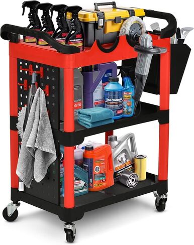 DWVO Auto Detailing Cart with Wheels, 3-Tier Rolling Tool Organizer with 2 Polisher Brackets, 17" D x 32" W Car Wash Utility Cart with Hooks & Hanging Bucket for Garage, Workshop, DIY Home in Saudi Arabia