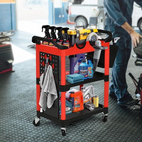 DWVO Auto Detailing Cart with Wheels, 3-Tier Rolling Tool Organizer with 2 Polisher Brackets, 17" D x 32" W Car Wash Utility Cart with Hooks & Hanging Bucket for Garage, Workshop, DIY Home in Saudi Arabia