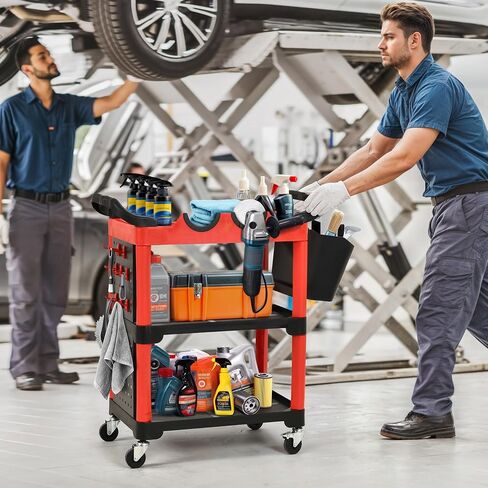 DWVO Auto Detailing Cart with Wheels, 3-Tier Rolling Tool Organizer with 2 Polisher Brackets, 17" D x 32" W Car Wash Utility Cart with Hooks & Hanging Bucket for Garage, Workshop, DIY Home in Saudi Arabia