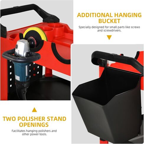 DWVO Auto Detailing Cart with Wheels, 3-Tier Rolling Tool Organizer with 2 Polisher Brackets, 17" D x 32" W Car Wash Utility Cart with Hooks & Hanging Bucket for Garage, Workshop, DIY Home in Saudi Arabia