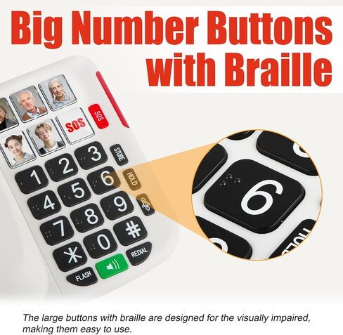 Uvital Big Button Phone for Seniors, Landline Phone for Elderly with Big Buttons, 3 One-Touch Speed Dial Keys, Visual Ringer, Adjustable Volume, Ideal for Visually Impaired Users in Kuwait