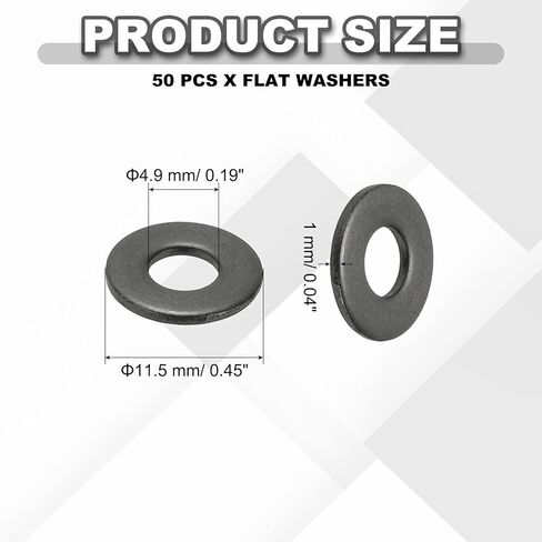 Patikil 10# غسالات مسطحة 1/4 "ID x 1/2" OD ، 50 PCS 304 غسالات معدنية من الفولاذ المقاوم للصدأ الفولاذ المقاوم للصدأ فاصل مسطح كهربي للبراغي والبراغي ، الأسود in Saudi Arabia