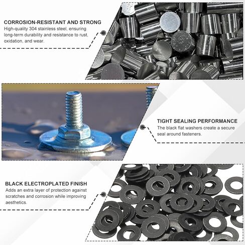Patikil 10# غسالات مسطحة 1/4 "ID x 1/2" OD ، 50 PCS 304 غسالات معدنية من الفولاذ المقاوم للصدأ الفولاذ المقاوم للصدأ فاصل مسطح كهربي للبراغي والبراغي ، الأسود in Saudi Arabia