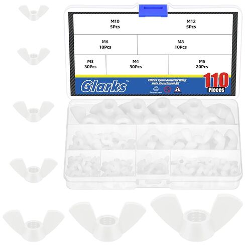 Glarks 110pcs 7 أحجام مجموعة أجنبية أبيض مجموعة تشويش ، M3 ، M4 ، M5 ، M6 ، M8 ، M10 ، M12 ، المكسرات الفراشة نايلون عالية القوة ، مراكز الترباس الجناح ، تويست يدوي جوز الأذن جناح الأذن in Saudi Arabia