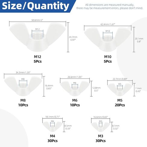 Glarks 110pcs 7 أحجام مجموعة أجنبية أبيض مجموعة تشويش ، M3 ، M4 ، M5 ، M6 ، M8 ، M10 ، M12 ، المكسرات الفراشة نايلون عالية القوة ، مراكز الترباس الجناح ، تويست يدوي جوز الأذن جناح الأذن in Saudi Arabia