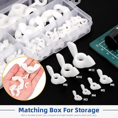 Glarks 110pcs 7 أحجام مجموعة أجنبية أبيض مجموعة تشويش ، M3 ، M4 ، M5 ، M6 ، M8 ، M10 ، M12 ، المكسرات الفراشة نايلون عالية القوة ، مراكز الترباس الجناح ، تويست يدوي جوز الأذن جناح الأذن in Saudi Arabia