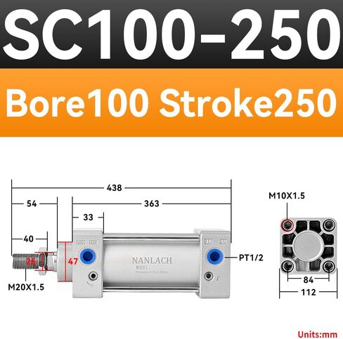 Aluminum Alloy Pneumatic Air Cylinder Bore:4 inch(100 mm), Stroke:10 inch (250 mm),Screwed Piston Rod Dual Action Large Thrust SC100X250 in Kuwait