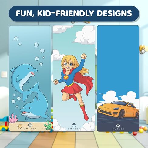 Premium Kids Yoga Mats/Exercise Mats/Play Mats with Carrying Strap – 60"x24" Non-Slip Mats with Fun Prints for Children – 3mm Thick, Dolphins, Car, and Supergirl Designs – SGS & CE Certified, PVC-Free in Saudi Arabia
