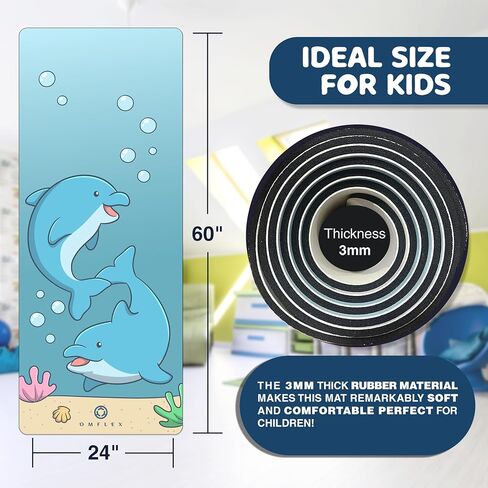 Premium Kids Yoga Mats/Exercise Mats/Play Mats with Carrying Strap – 60"x24" Non-Slip Mats with Fun Prints for Children – 3mm Thick, Dolphins, Car, and Supergirl Designs – SGS & CE Certified, PVC-Free in Saudi Arabia