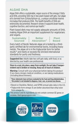 Nordic Naturals Algae DHA - 60 Soft Gels - 500 mg Omega-3 DHA - Certified Vegan Algae Oil - Plant-Based DHA - Brain, Eye & Nervous System Support - Non-GMO - 30 Servings in Saudi Arabia