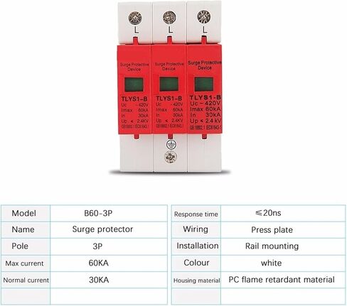Arrester Device Surge Protector B60-3P 30KA~60KA 275V 385V 420V AC SPD House Protective Low-Voltage Arrester Device 2P+N Lightning Protection (Color : B60 3P, Size : 420V) in Kuwait