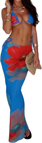 Verdusa Women's 3 قطع الأزهار طباعة بيكيني مجموعات السباحة مع تنورة Mesh Maxi in Kuwait