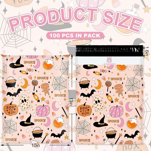 100Pcs Halloween Poly Mailers 10 x 13 Inch Pink Cartoon Spooky Pumpkin Spiderweb Packaging Bags Self Seal Mailing Envelope Bags for Small Business Clothing in Saudi Arabia