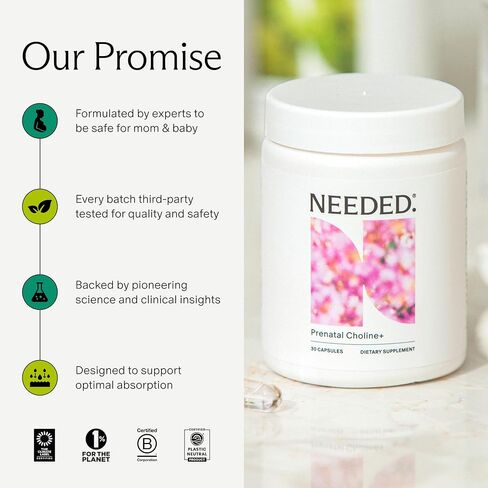 Needed Prenatal Choline - Optimal Prenatal Choline Add On, 250Mg Talc-free Vegan, Filler, Heavy Metals Free, Brain Development in Utero/Early Life, With VitaCholine, Non-GMO, Allergen Free 60 Capsules in Saudi Arabia
