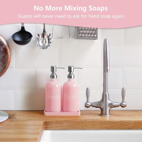 Pink Glass Dish and Hand Soap Dispenser Set - Kitchen Soap Dispenser with Tray and Stainless Steel Pump - for Modern Pink Kitchen Decor and Accessories in Saudi Arabia