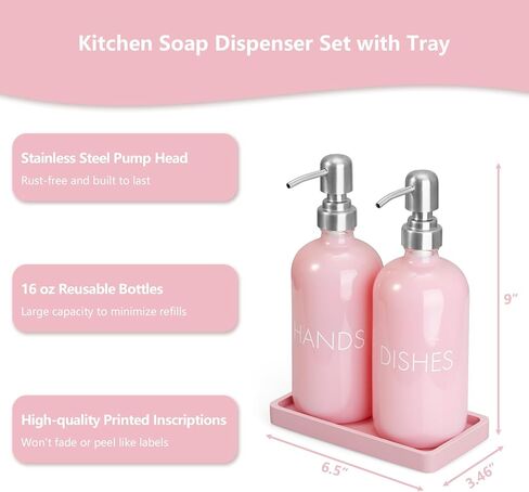 Pink Glass Dish and Hand Soap Dispenser Set - Kitchen Soap Dispenser with Tray and Stainless Steel Pump - for Modern Pink Kitchen Decor and Accessories in Saudi Arabia