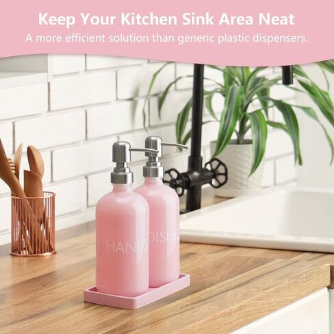 Pink Glass Dish and Hand Soap Dispenser Set - Kitchen Soap Dispenser with Tray and Stainless Steel Pump - for Modern Pink Kitchen Decor and Accessories in Saudi Arabia