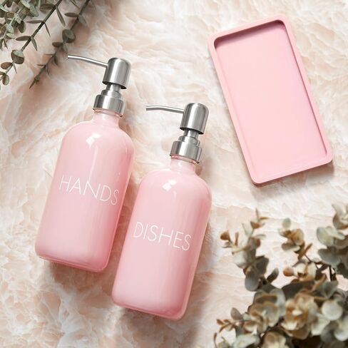 Pink Glass Dish and Hand Soap Dispenser Set - Kitchen Soap Dispenser with Tray and Stainless Steel Pump - for Modern Pink Kitchen Decor and Accessories in Saudi Arabia