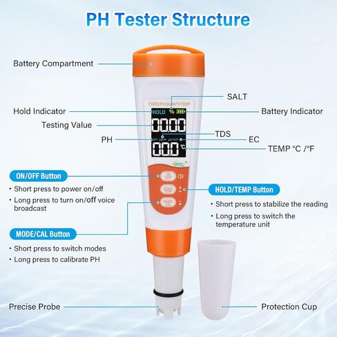 hygger Digital pH Meter, High Accuracy 5-in-1 TDS EC PH Salt Temperature Water Tester, PH Pen with 0-14 PH Measurement Range for Drinking Water, Hydroponics, Pool, Aquarium and Lab in Saudi Arabia