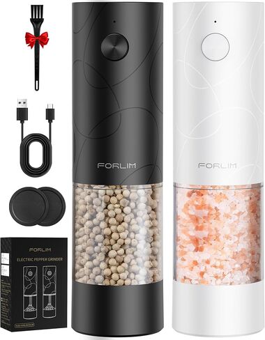 FORLIM Electric Salt and Pepper Grinder Set, USB Rechargeable, Automatic Salt Pepper Mill Grinder with Dust Cover, One-Button Control, Adjustable Coarseness, White LED Light (2 Packs, Black&White) in Kuwait