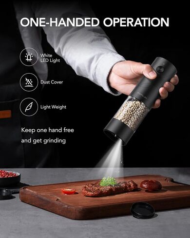 FORLIM Electric Salt and Pepper Grinder Set, USB Rechargeable, Automatic Salt Pepper Mill Grinder with Dust Cover, One-Button Control, Adjustable Coarseness, White LED Light (2 Packs, Black&White) in Kuwait