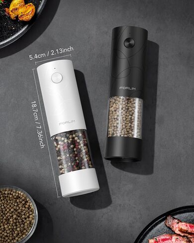 FORLIM Electric Salt and Pepper Grinder Set, USB Rechargeable, Automatic Salt Pepper Mill Grinder with Dust Cover, One-Button Control, Adjustable Coarseness, White LED Light (2 Packs, Black&White) in Kuwait