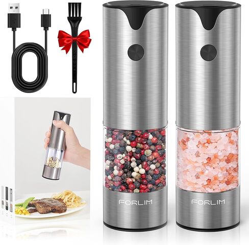 FORLIM Electric Salt and Pepper Grinder Set, USB Rechargeable, Automatic Salt Pepper Mill Grinder with Dust Cover, One-Button Control, Adjustable Coarseness, White LED Light (2 Packs, Black&White) in Kuwait