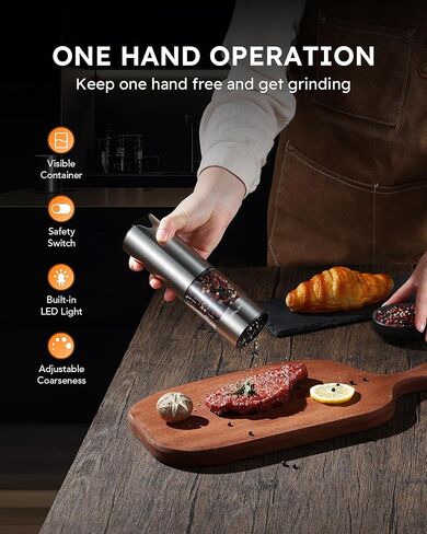 FORLIM Electric Salt and Pepper Grinder Set, USB Rechargeable, Automatic Salt Pepper Mill Grinder with Dust Cover, One-Button Control, Adjustable Coarseness, White LED Light (2 Packs, Black&White) in Kuwait