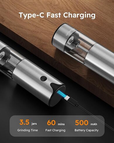 FORLIM Electric Salt and Pepper Grinder Set, USB Rechargeable, Automatic Salt Pepper Mill Grinder with Dust Cover, One-Button Control, Adjustable Coarseness, White LED Light (2 Packs, Black&White) in Kuwait