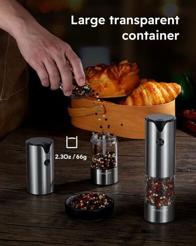FORLIM Electric Salt and Pepper Grinder Set, USB Rechargeable, Automatic Salt Pepper Mill Grinder with Dust Cover, One-Button Control, Adjustable Coarseness, White LED Light (2 Packs, Black&White) in Kuwait
