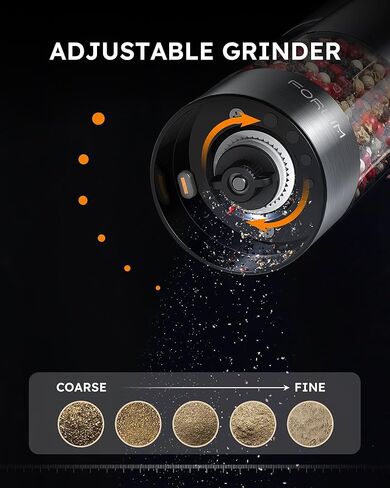 FORLIM Electric Salt and Pepper Grinder Set, USB Rechargeable, Automatic Salt Pepper Mill Grinder with Dust Cover, One-Button Control, Adjustable Coarseness, White LED Light (2 Packs, Black&White) in Kuwait