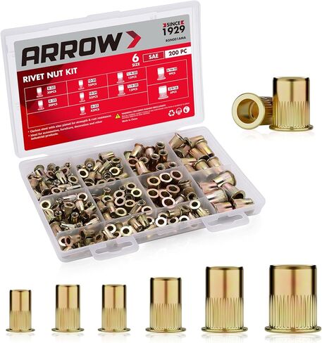 Arrow Rivet Nut Kit, 200pcs SAE High Carbon Steel Zinc Plated Rivnut Assortment Kit, Flat Head Threaded Insert Nutserts(#6-32, #8-32, #10-24,1/4"-20, 5/16"-18, 3/8"-16) in Saudi Arabia