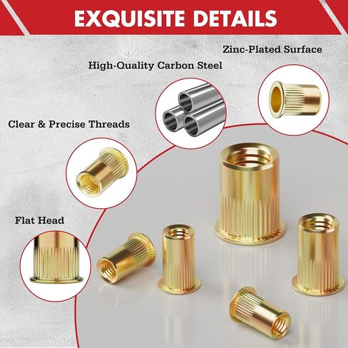 Arrow Rivet Nut Kit, 200pcs SAE High Carbon Steel Zinc Plated Rivnut Assortment Kit, Flat Head Threaded Insert Nutserts(#6-32, #8-32, #10-24,1/4"-20, 5/16"-18, 3/8"-16) in Saudi Arabia