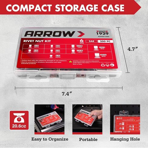 Arrow Rivet Nut Kit, 200pcs SAE High Carbon Steel Zinc Plated Rivnut Assortment Kit, Flat Head Threaded Insert Nutserts(#6-32, #8-32, #10-24,1/4"-20, 5/16"-18, 3/8"-16) in Saudi Arabia