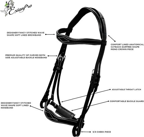 Exion Horse Dressage Bridle with Web Reins | Broad Anatomic Crownpiece, Crank Noseband & Browband & Reins with Hand Stoppers | Dressage Bridles for Horses in Kuwait