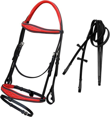 Exion Jumping Flash English Bridle with Red Calfskin Soft Padded Anatomic Design for Horse with Rubber Reins in Saudi Arabia