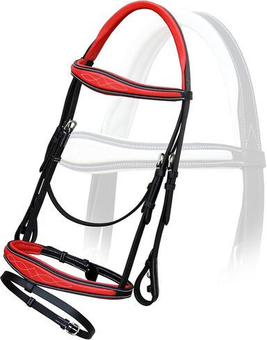 Exion Jumping Flash English Bridle with Red Calfskin Soft Padded Anatomic Design for Horse with Rubber Reins in Saudi Arabia