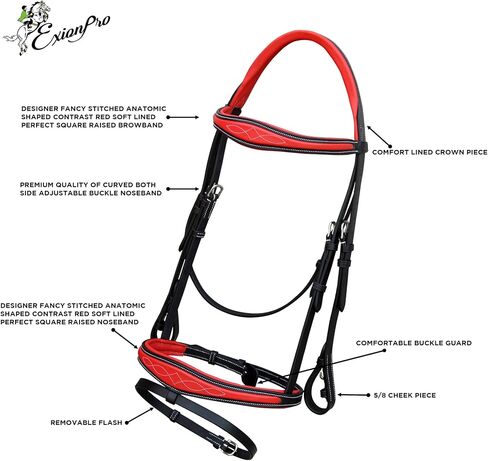 Exion Jumping Flash English Bridle with Red Calfskin Soft Padded Anatomic Design for Horse with Rubber Reins in Saudi Arabia