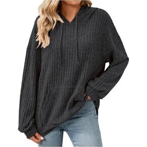 Women's Cozy Textured Hoodies Sweaters Casual Loose Solid Color Pocket Long Sleeves Lightweight Cozy Fall Tops in Saudi Arabia