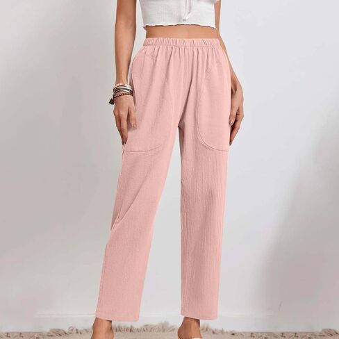 Women's Straight Leg Casual Pants Summer Lightweight Elastic High Waist Lounge Beach Palazzo Trousers with Pockets in Kuwait
