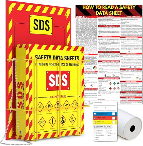 MSDS Wall Station - 3 Inch 3 Ring Material Safety Data Sheet Binder with SDS Wire Rack and Display Sign, Chain, Mounting Hardware, SDS Poster, MSDS Labels - Bilingual Heavy Duty OSHA Yellow Binder in Saudi Arabia