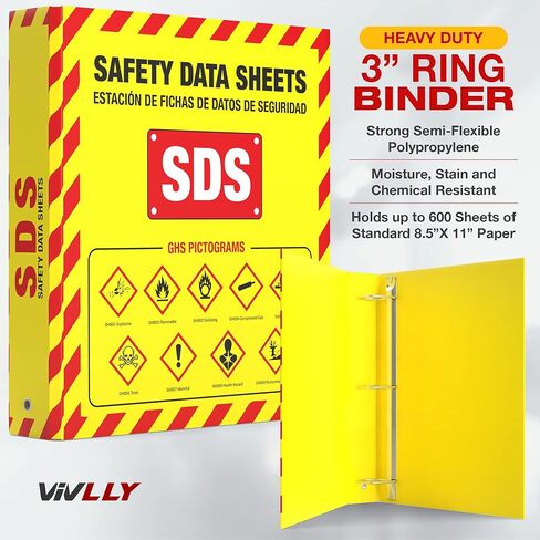 MSDS Wall Station - 3 Inch 3 Ring Material Safety Data Sheet Binder with SDS Wire Rack and Display Sign, Chain, Mounting Hardware, SDS Poster, MSDS Labels - Bilingual Heavy Duty OSHA Yellow Binder in Saudi Arabia