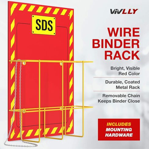 MSDS Wall Station - 3 Inch 3 Ring Material Safety Data Sheet Binder with SDS Wire Rack and Display Sign, Chain, Mounting Hardware, SDS Poster, MSDS Labels - Bilingual Heavy Duty OSHA Yellow Binder in Saudi Arabia
