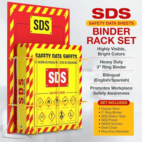 MSDS Wall Station - 3 Inch 3 Ring Material Safety Data Sheet Binder with SDS Wire Rack and Display Sign, Chain, Mounting Hardware, SDS Poster, MSDS Labels - Bilingual Heavy Duty OSHA Yellow Binder in Saudi Arabia