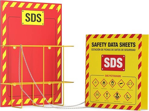 MSDS Wall Station - 3 Inch 3 Ring Material Safety Data Sheet Binder with SDS Wire Rack and Display Sign, Chain, Mounting Hardware, SDS Poster, MSDS Labels - Bilingual Heavy Duty OSHA Yellow Binder in Saudi Arabia